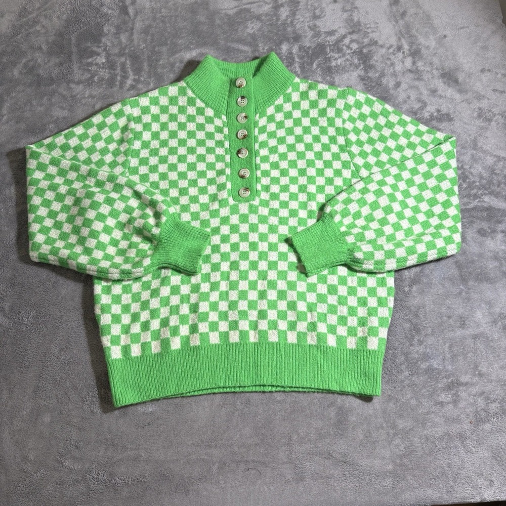FRNCH Paris Green Checkerboard Knit Sweater Button Mock Neck Retro Mod Medium